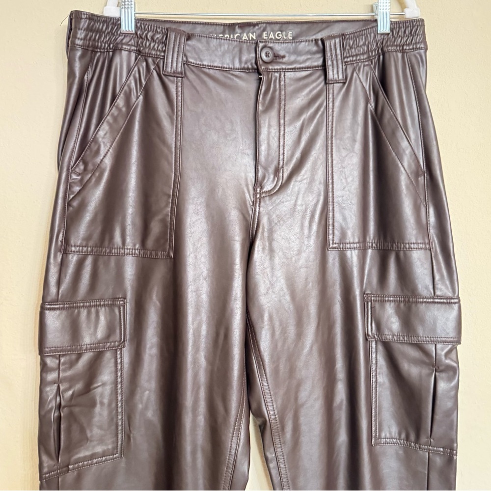 American Eagle AE Faux Leather Pants Sz 18 Brown Cargo Stretch High Rise Pocket